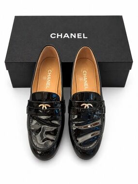 Chanel Black Patent Leather CC Loafers | Size 39 | Dust Bag & Receipt